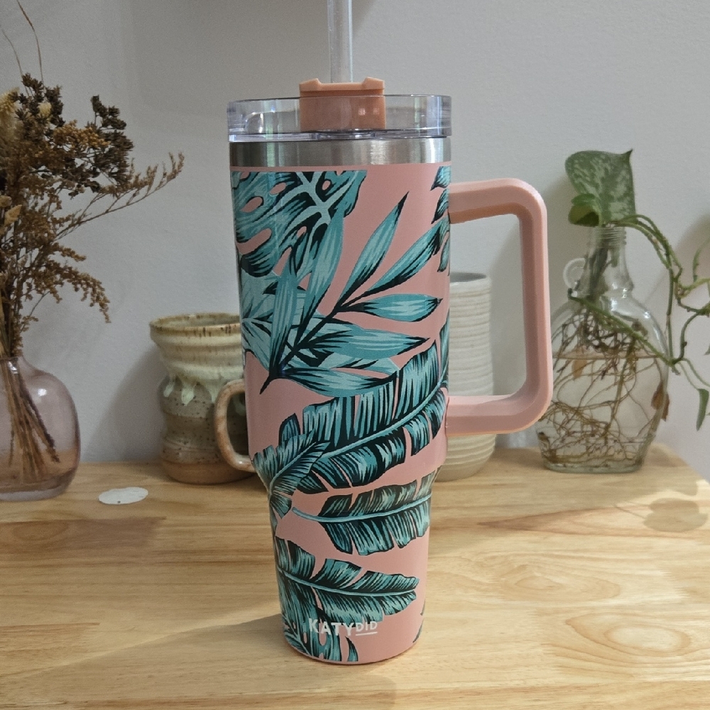 KATYDID Pink and Green Tropical Leaf Tumbler 40 Oz With Handle